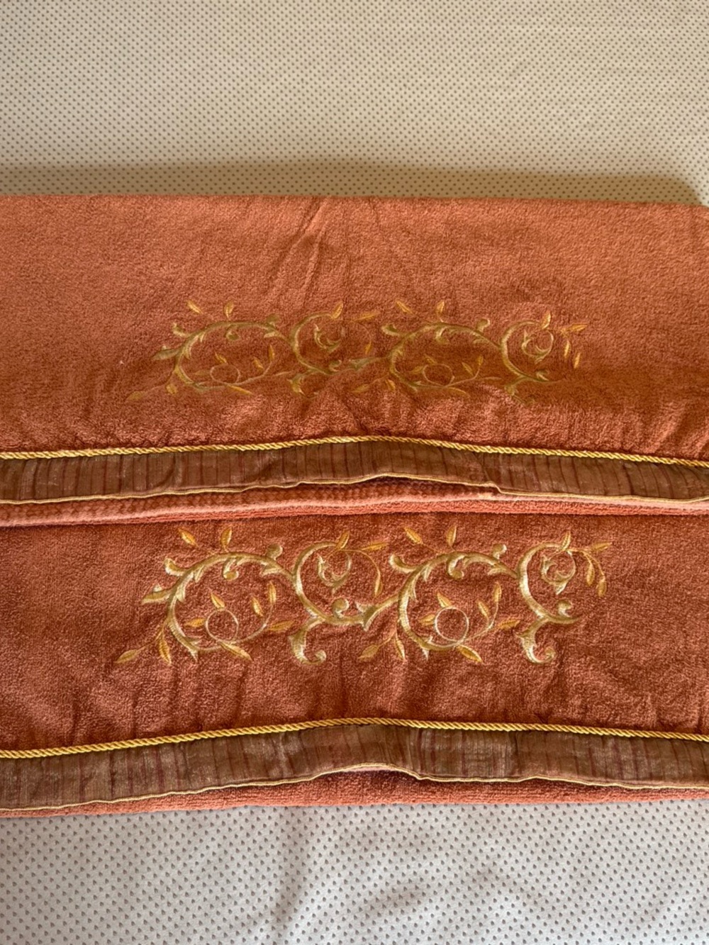 TWO Vintage Avanti Rust Orange Bath Towels with Gold Embroidered Scroll